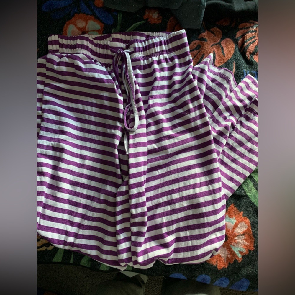 Purple and white striped pajama pants
